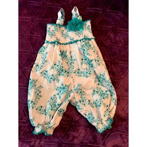 Bonnie Baby 12 months girl romper with teal and silver flowers straps buttons